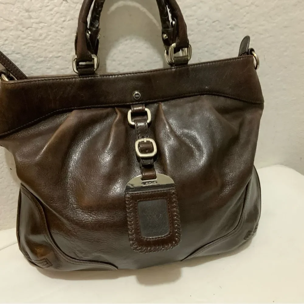 Lodis handbag double handles zip top pleated front brown